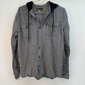 Caliville Mens Gray Herringbone Hooded Long Sleeve‎ Button Up Shirt Size M